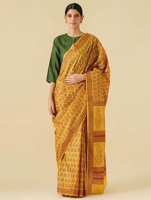 Jashn Mustard Intricate Mughal Buti Saree with Tussar Blouse (Set of 2)