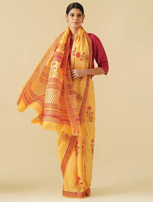 Mughal Buta Mustard Handblock Printed Saree