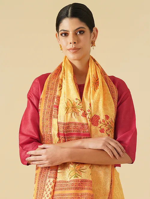 Mughal Buta Mustard Handblock Printed Saree