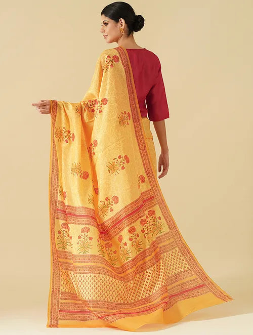 Mughal Buta Mustard Handblock Printed Saree