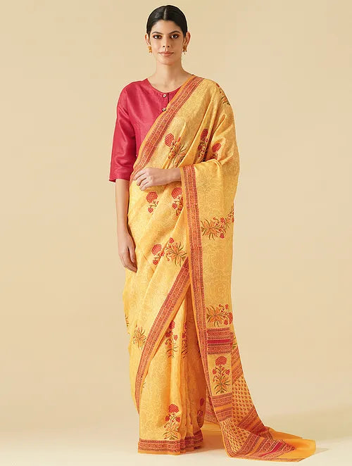 Mughal Buta Mustard Handblock Printed Saree