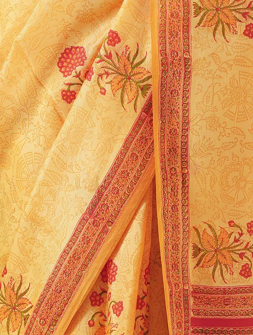 Mughal Buta Mustard Handblock Printed Saree