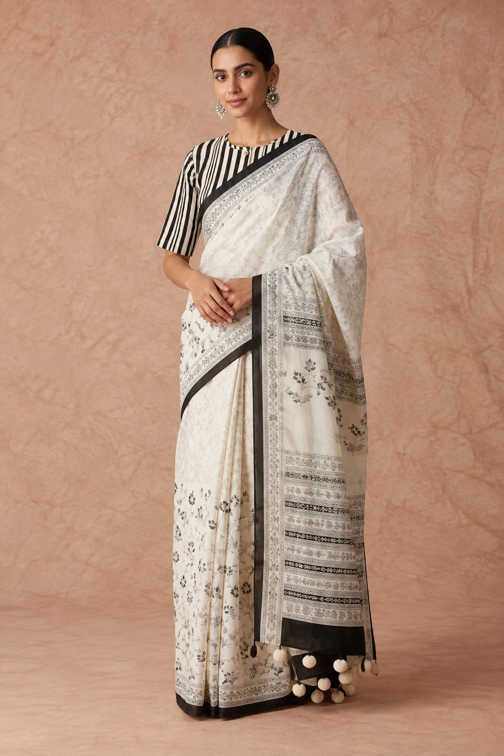 Off White Mughal Jaal Cotton Saree with Cotton Striped blouse (Set of 2)