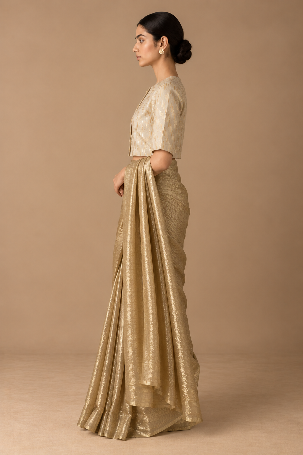 Gold Zari Sari with Offwhite & Gold Zari Woven Blouse With Lining (Set of 2)