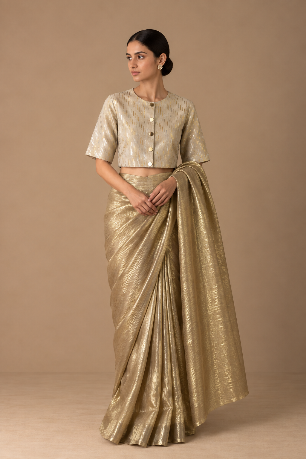 Gold Zari Sari with Offwhite & Gold Zari Woven Blouse With Lining (Set of 2)