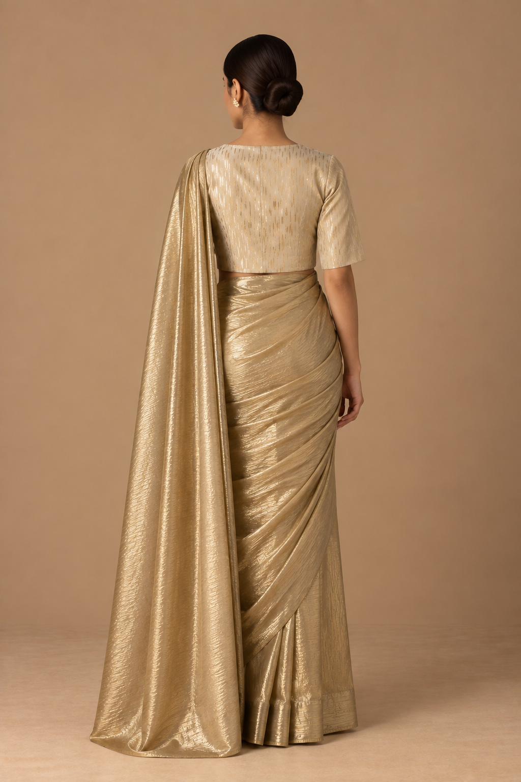 Gold Zari Sari with Offwhite & Gold Zari Woven Blouse With Lining (Set of 2)