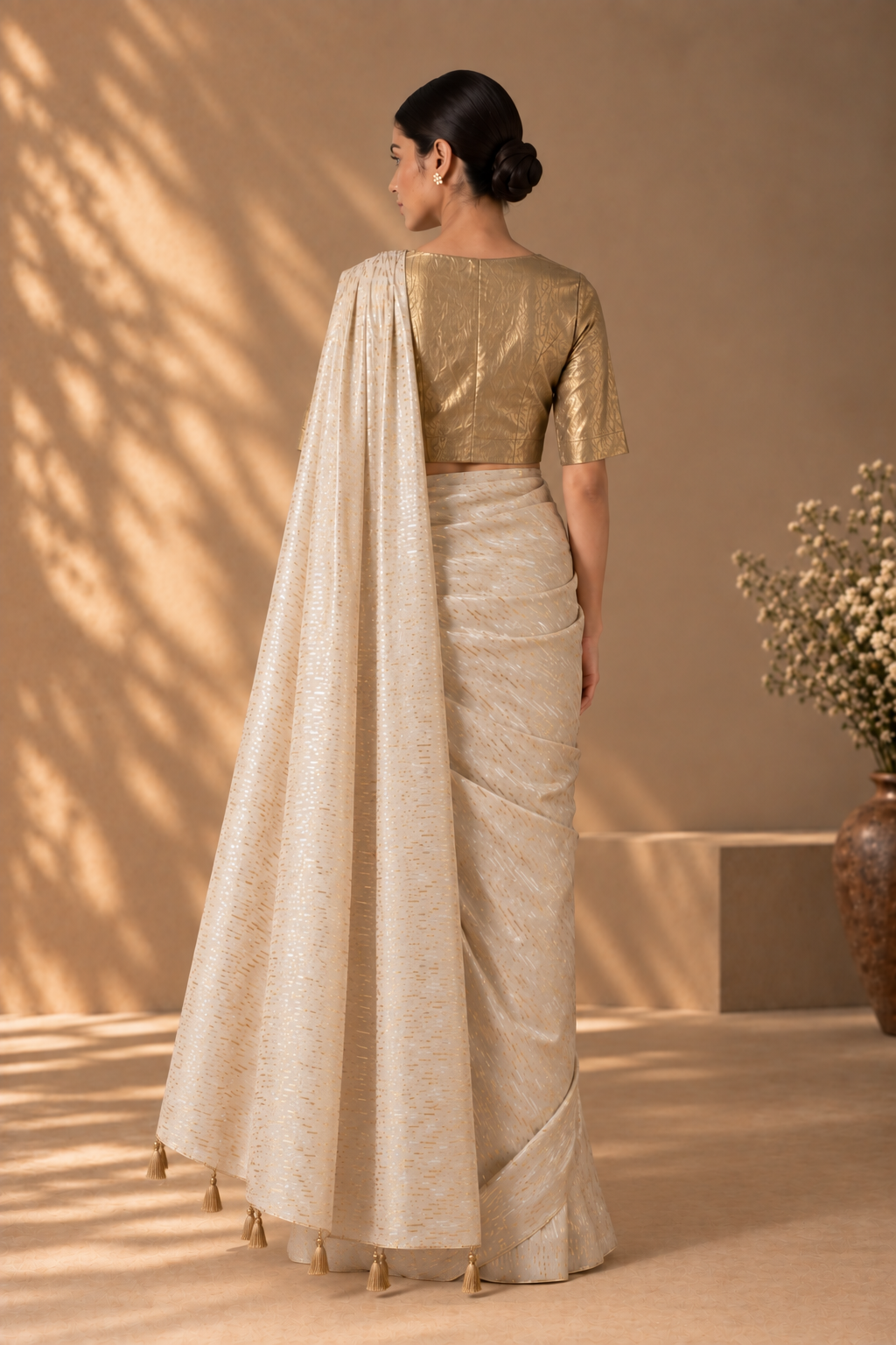 Ivory and Gold Zari Sari with Golden V Neck Blouse with Lining (Set of 2)