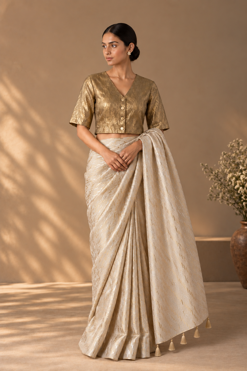 Ivory and Gold Zari Sari with Golden V Neck Blouse with Lining (Set of 2)