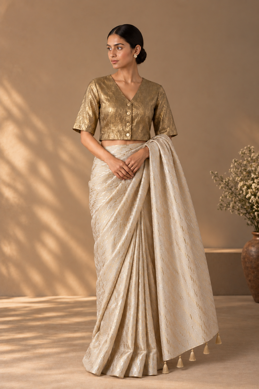 Ivory and Gold Zari Sari with Golden V Neck Blouse with Lining (Set of 2)