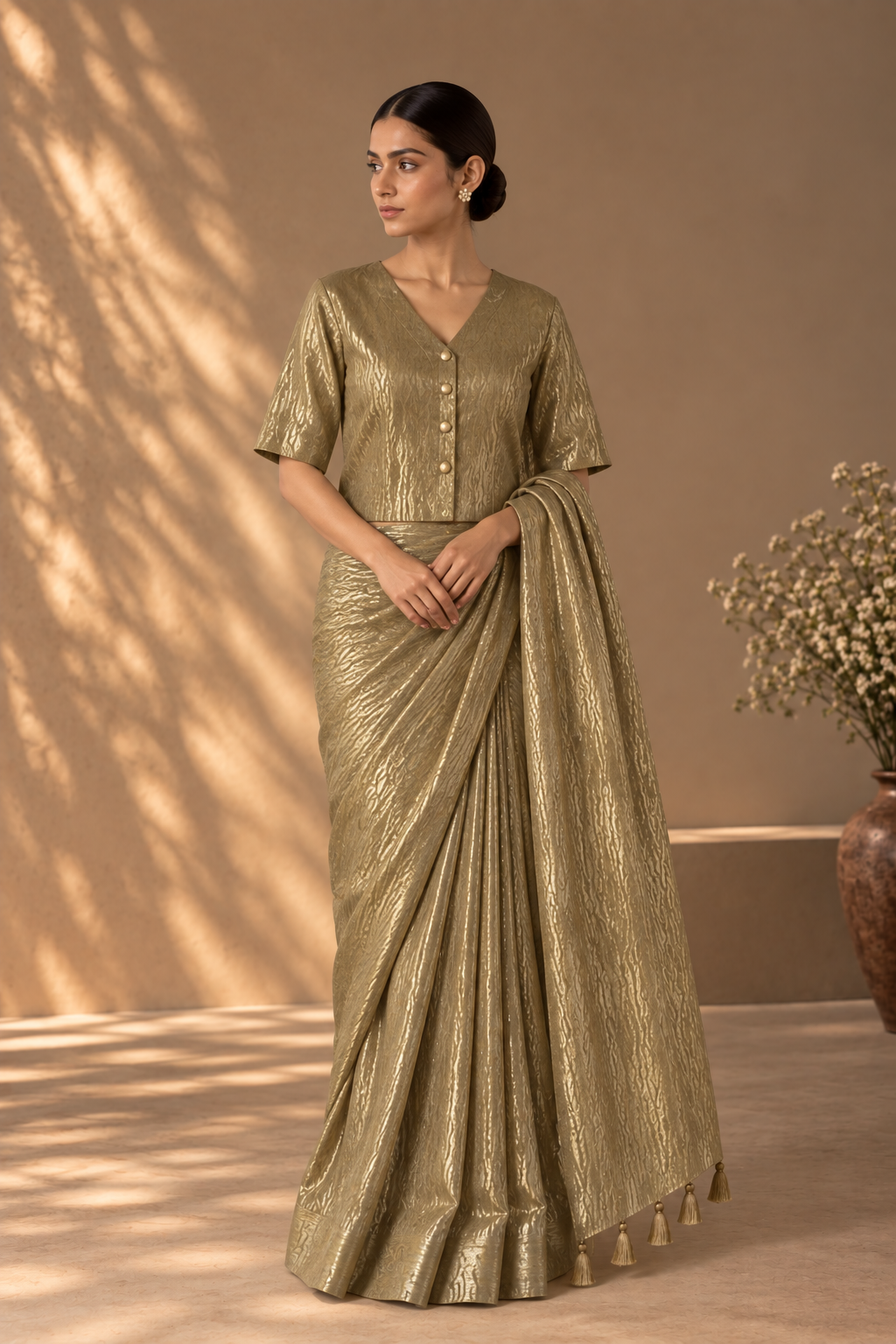 Zari Golden V Neck Blouse with Lining