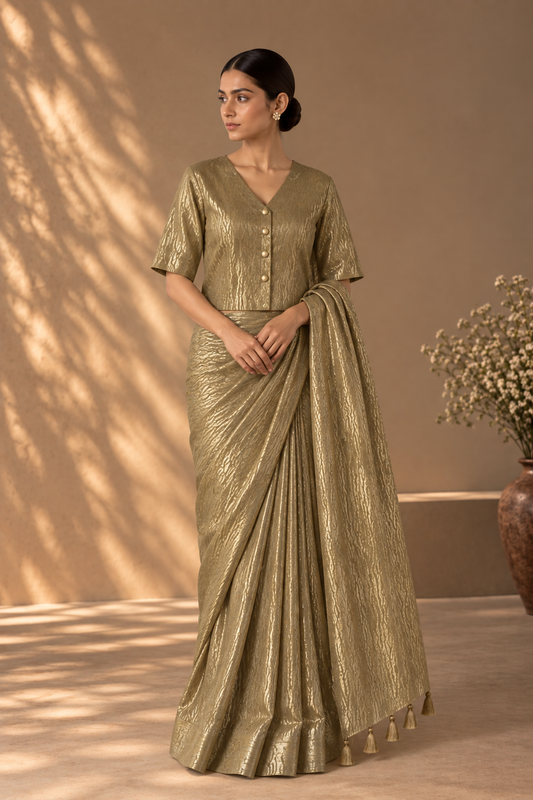 Gold Zari Sari with V Neck Blouse with Lining (Set of 2)