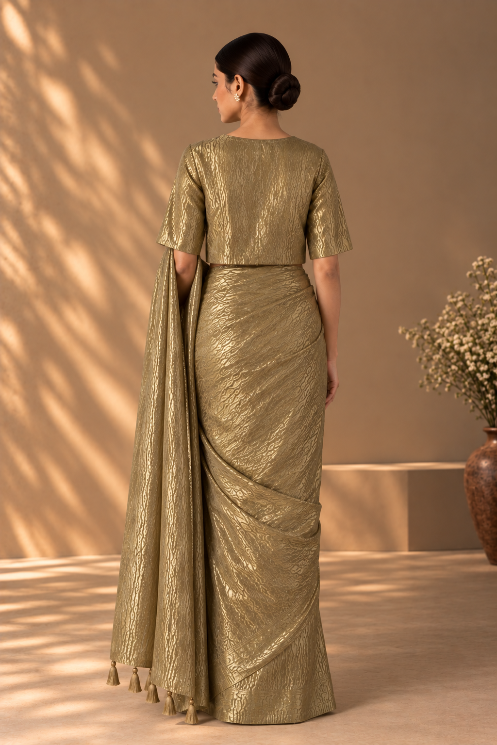 Gold Zari Sari with V Neck Blouse with Lining (Set of 2)