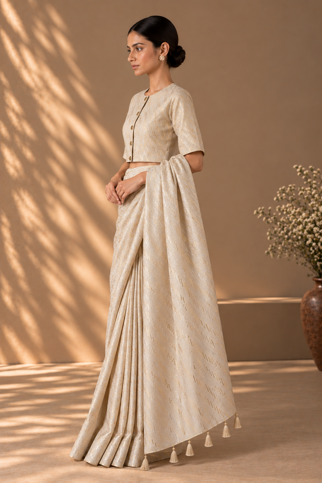 Ivory and Gold Zari Sari with Zari Blouse with Lining (Set of 2)