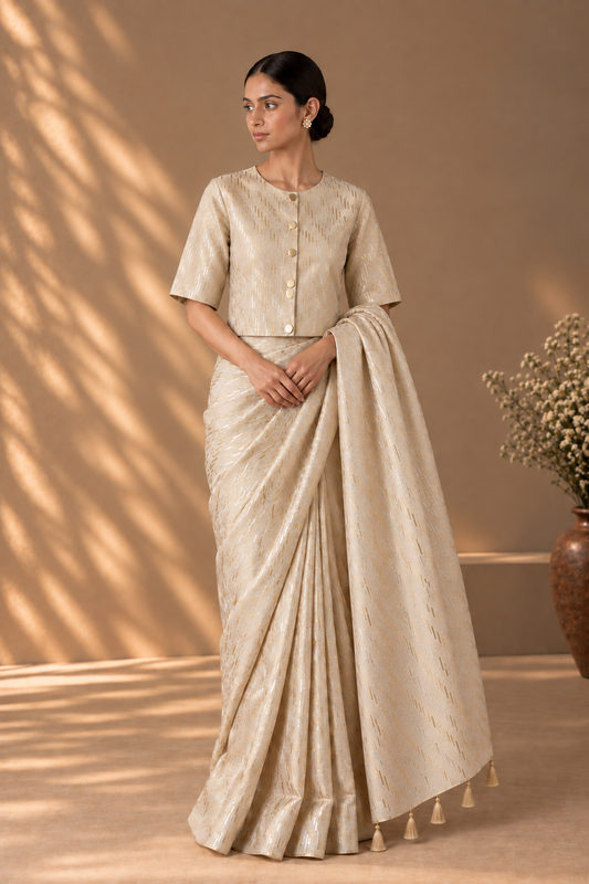 Ivory and Gold Zari Sari with Zari Blouse with Lining (Set of 2)