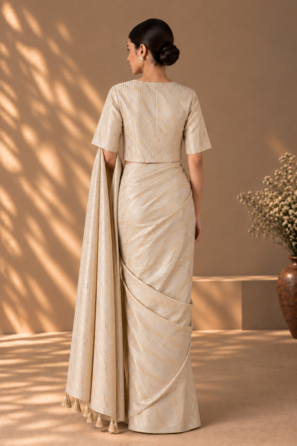 Ivory and Gold Zari Sari with Zari Blouse with Lining (Set of 2)