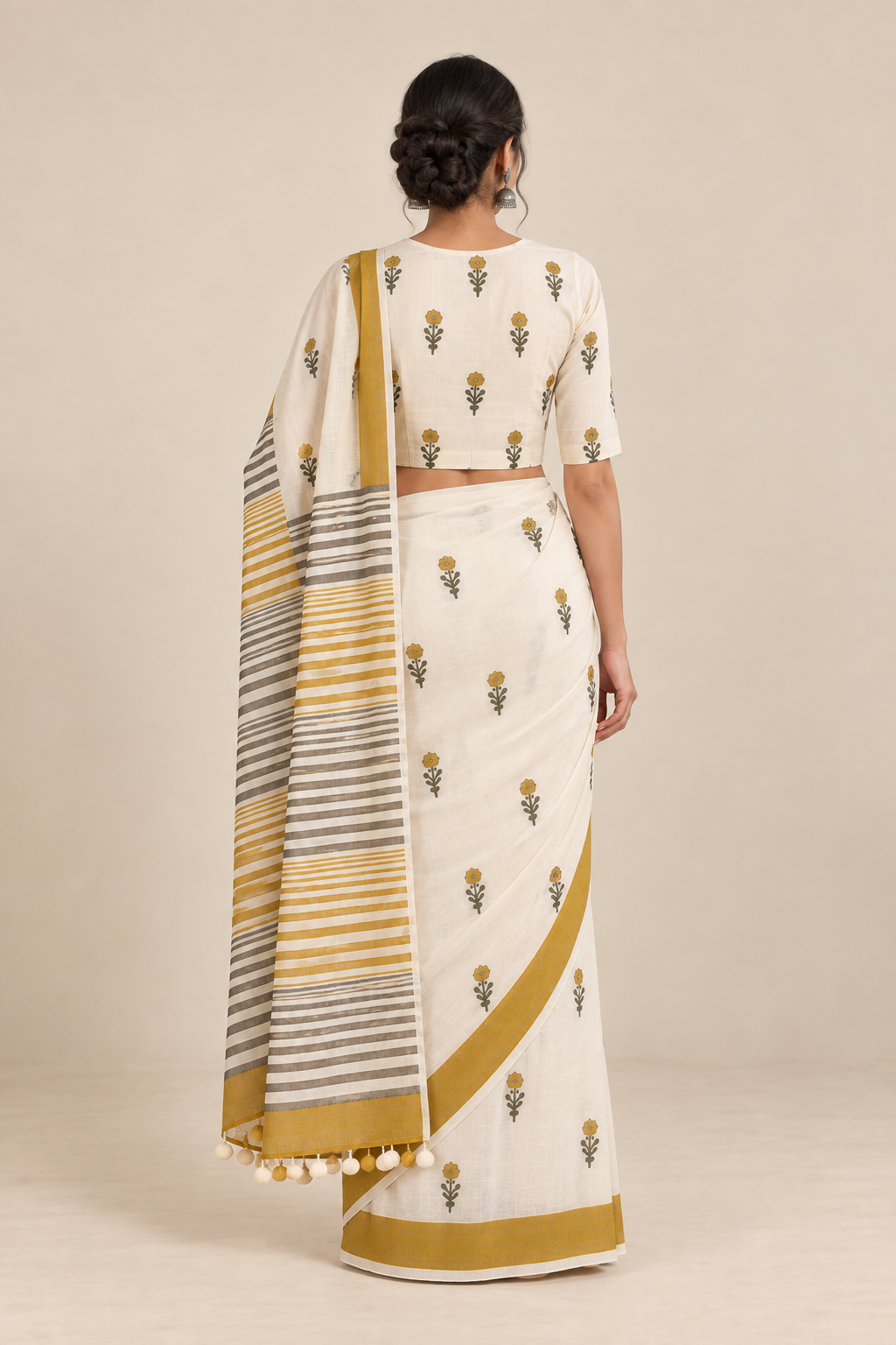 Buta Cotton Mustard Saree with Blouse (Set of 2)