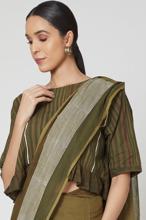 Olive Green Striped Cotton Blouse