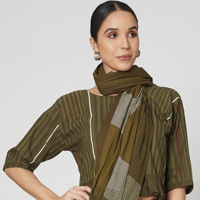 Olive Green Striped Cotton Blouse
