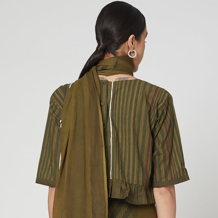 Olive Green Striped Cotton Blouse