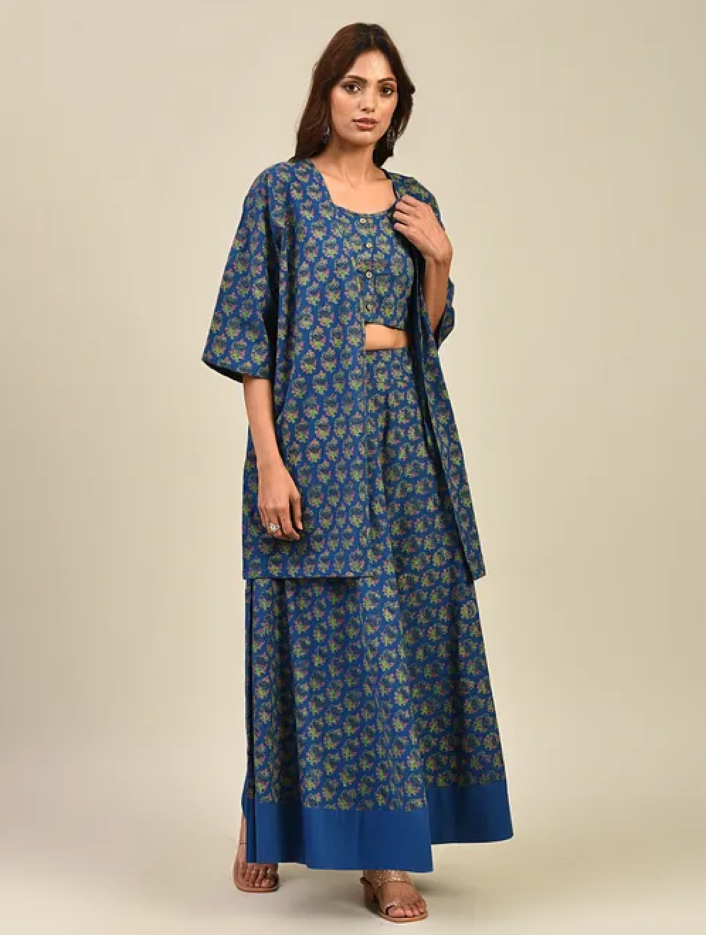 Blue Hand-block Printed Cotton Lehenga with Blouse and Dupatta/Cape (set of 3)