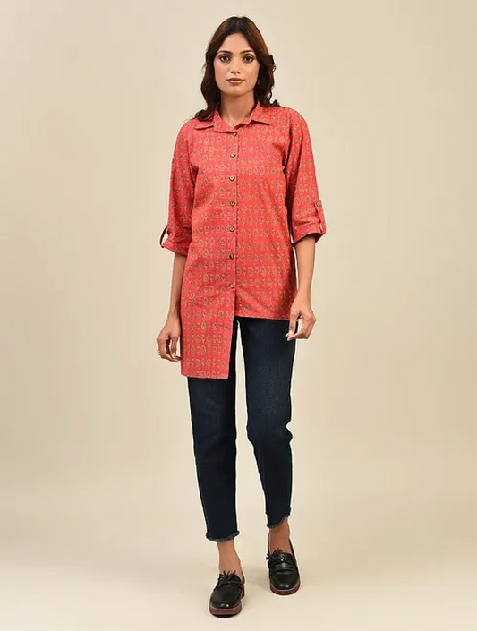Red Hand block Printed Cotton Shirt