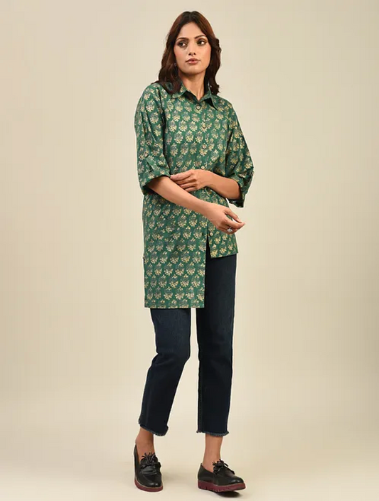 Green Hand block Printed Cotton Shirt