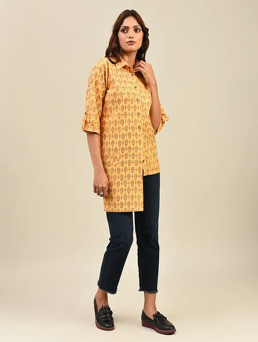 Yellow Hand block Printed Cotton Shirt
