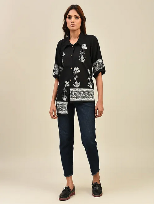 Black Hand block Printed Cotton Shirt