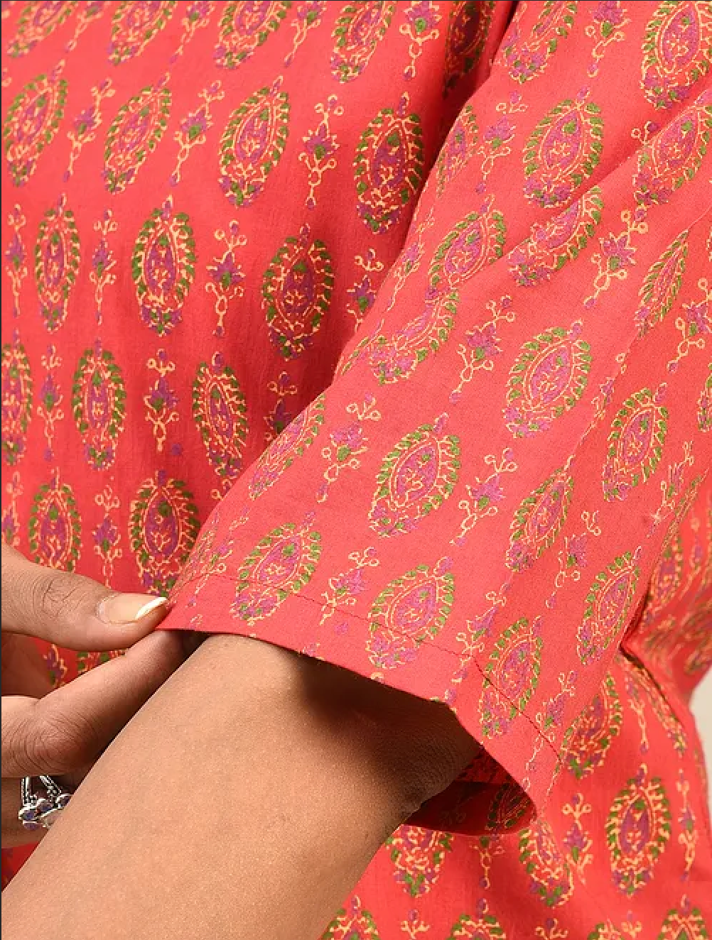 Red Hand Block Printed Cotton Kurta with Pants (Set of 2)