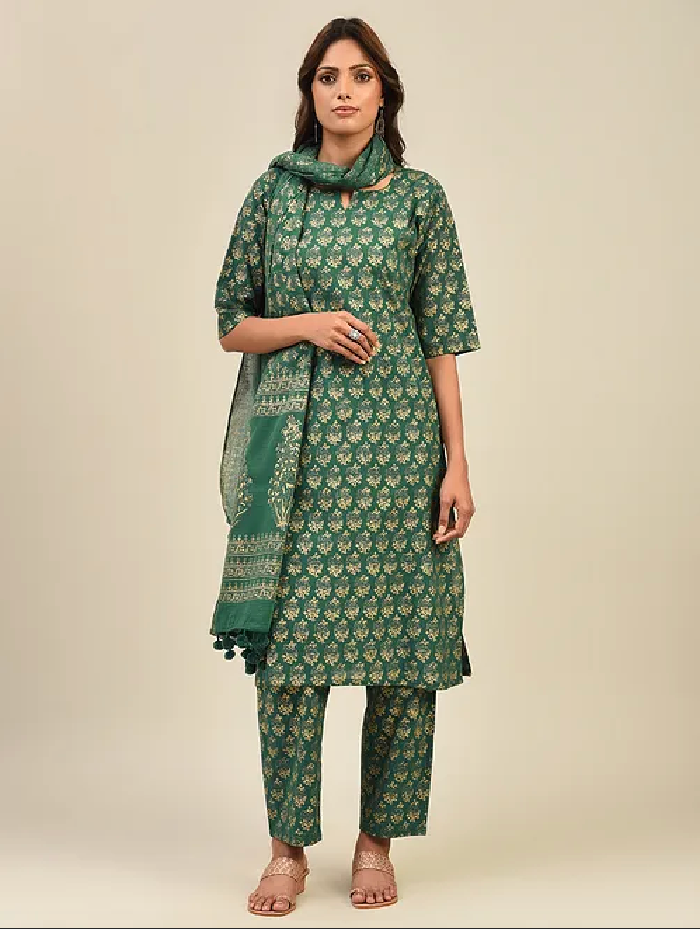 Green Hand Block Printed Cotton Kurta with Pants and Dupatta (Set of 3)