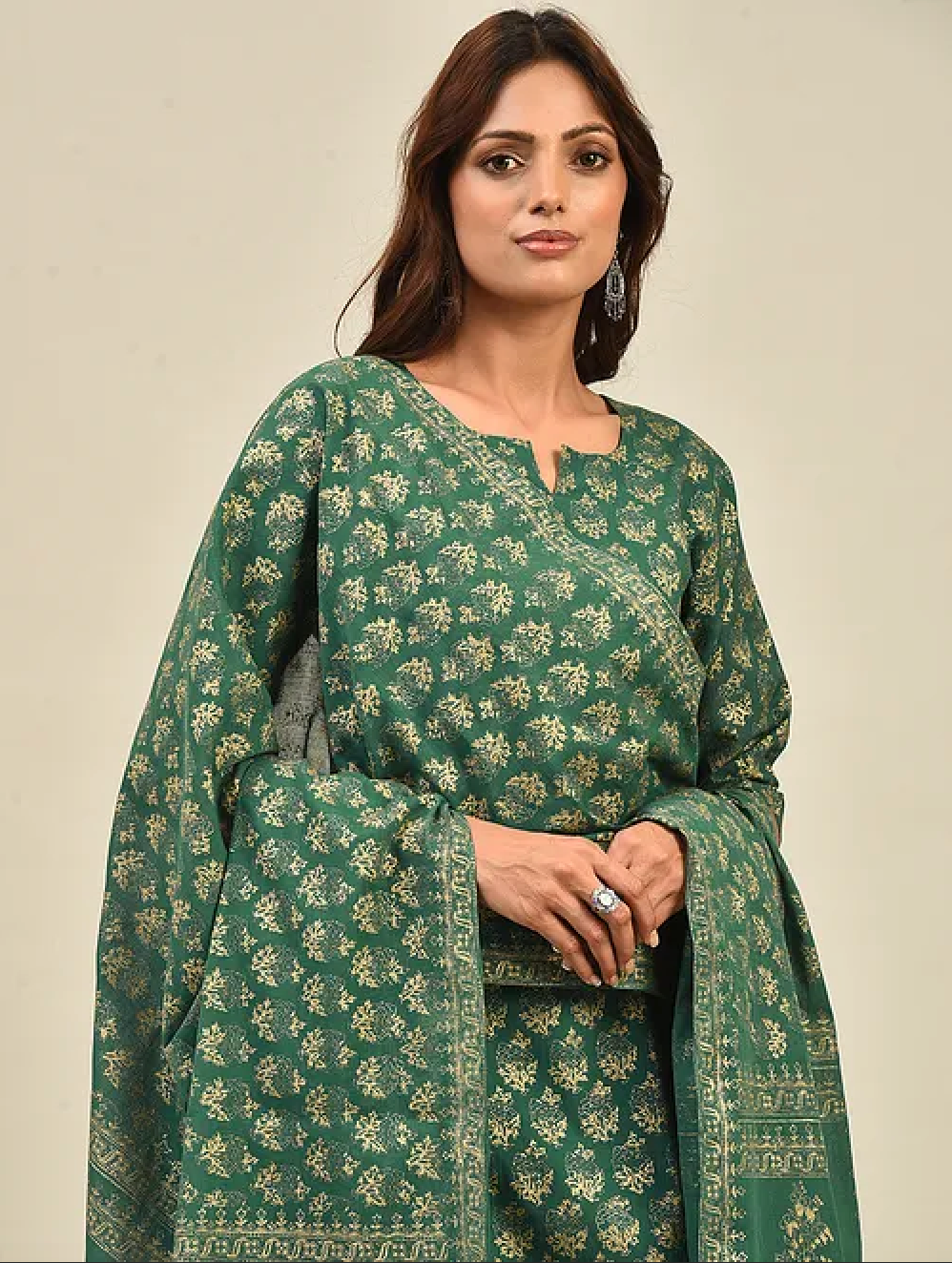 Green Hand Block Printed Cotton Kurta with Pants and Dupatta (Set of 3)