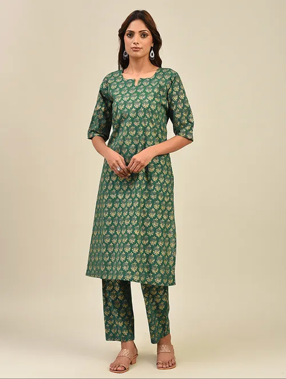 Green Hand Block Printed Cotton Kurta with Pants and Dupatta (Set of 3)