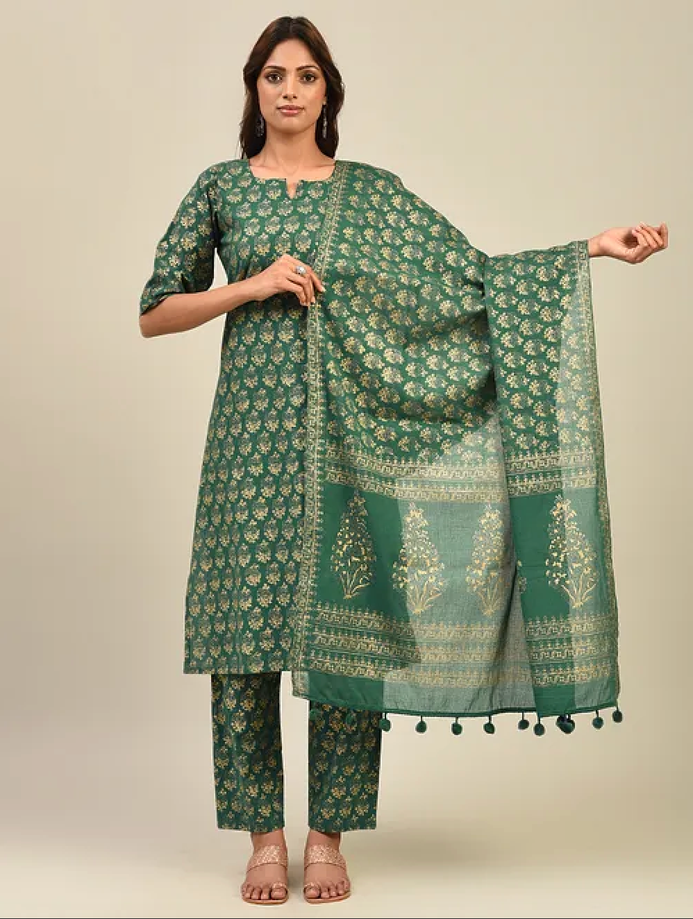 Green Hand Block Printed Cotton Kurta with Pants and Dupatta (Set of 3)