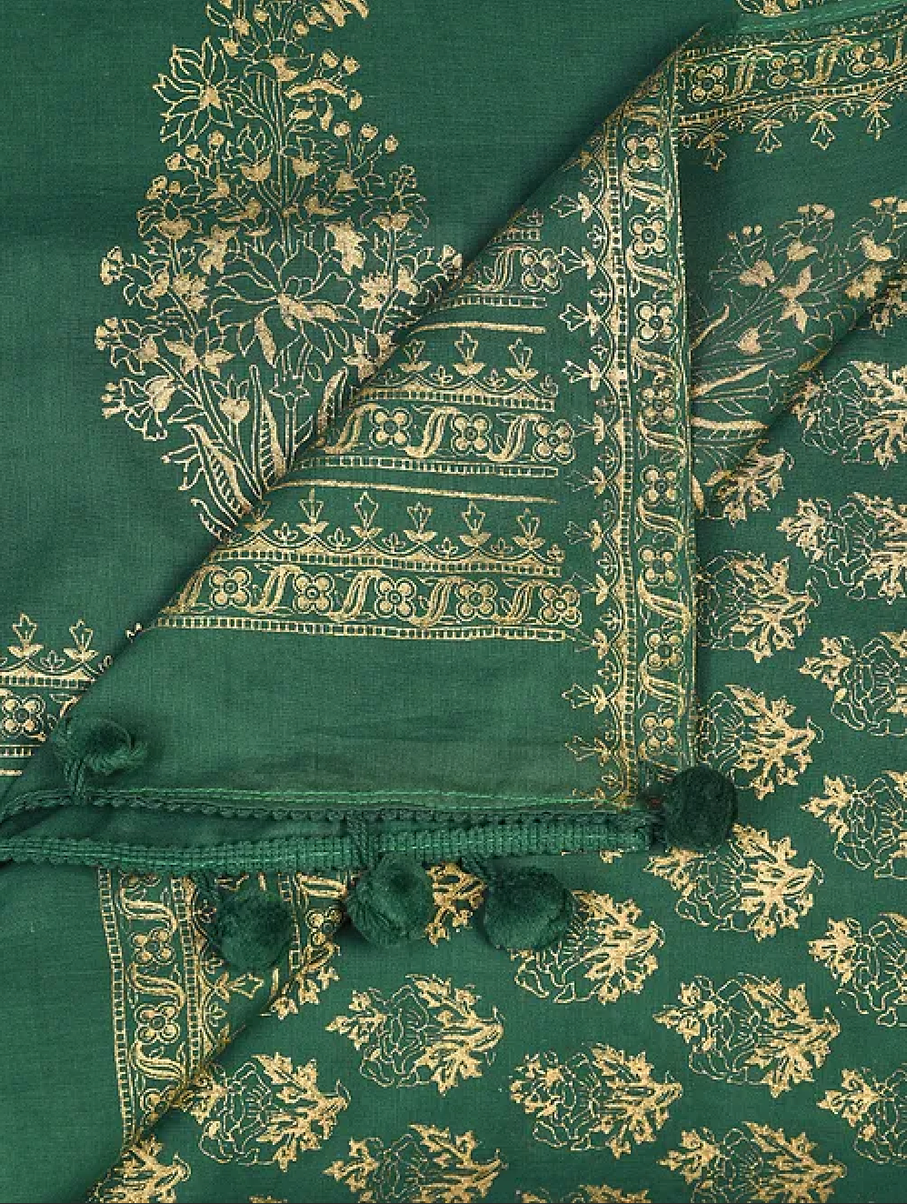 Green Hand Block Printed Cotton Kurta with Pants and Dupatta (Set of 3)