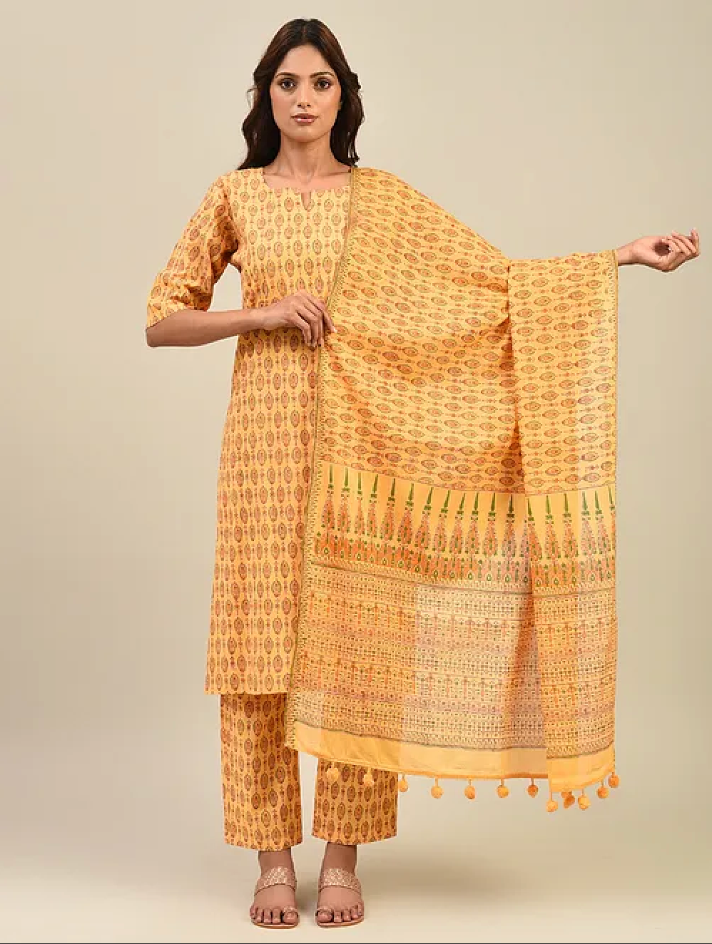 Yellow Hand Block Printed Cotton Kurta with Pants and Dupatta (Set of 3)