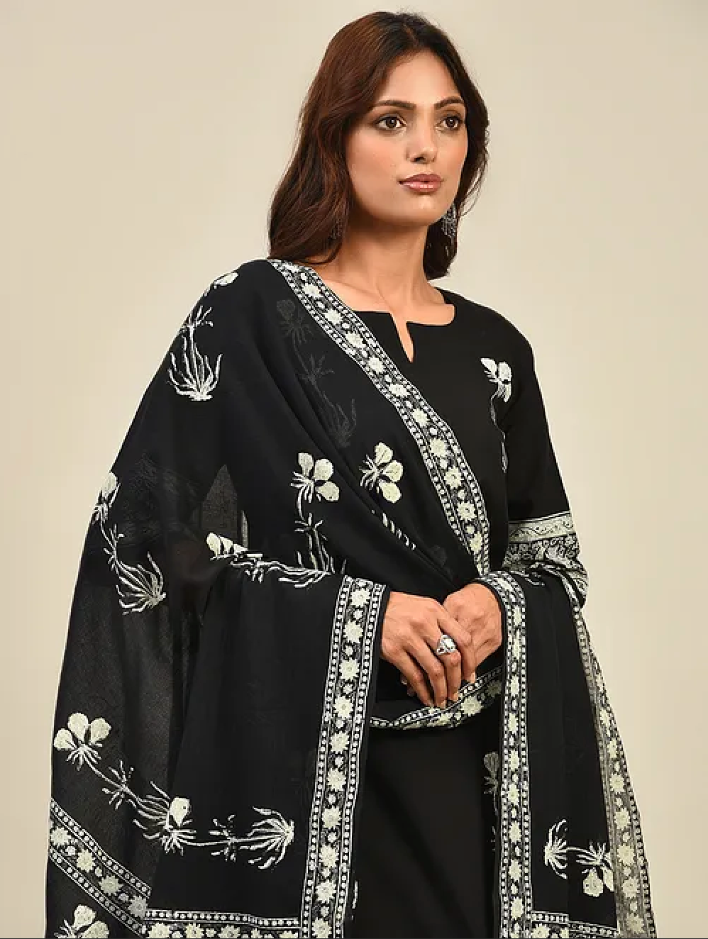 Black Hand Block Printed Cotton Kurta with Pants and Dupatta (Set of 3)