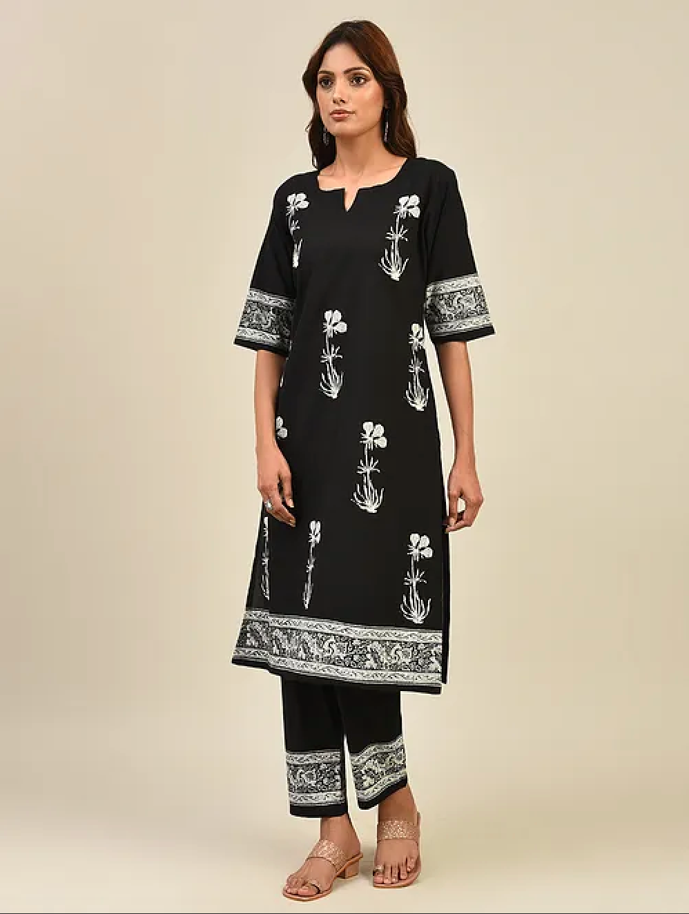 Black Hand Block Printed Cotton Kurta with Pants (Set of 2)