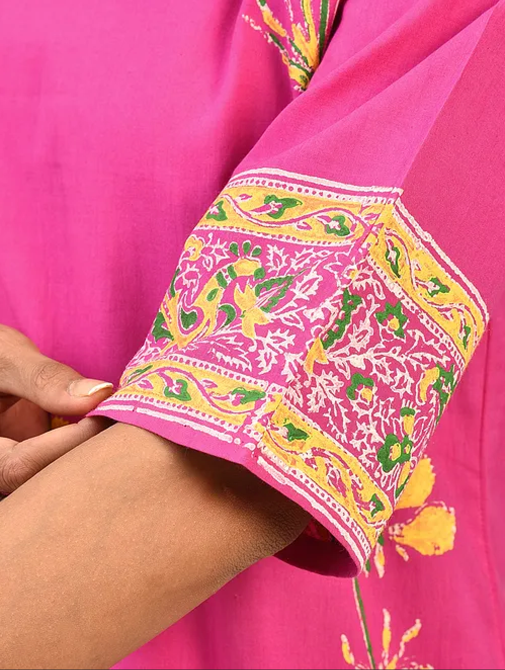 Pink Hand Block Printed Cotton Kurta with Pants (Set of 2)