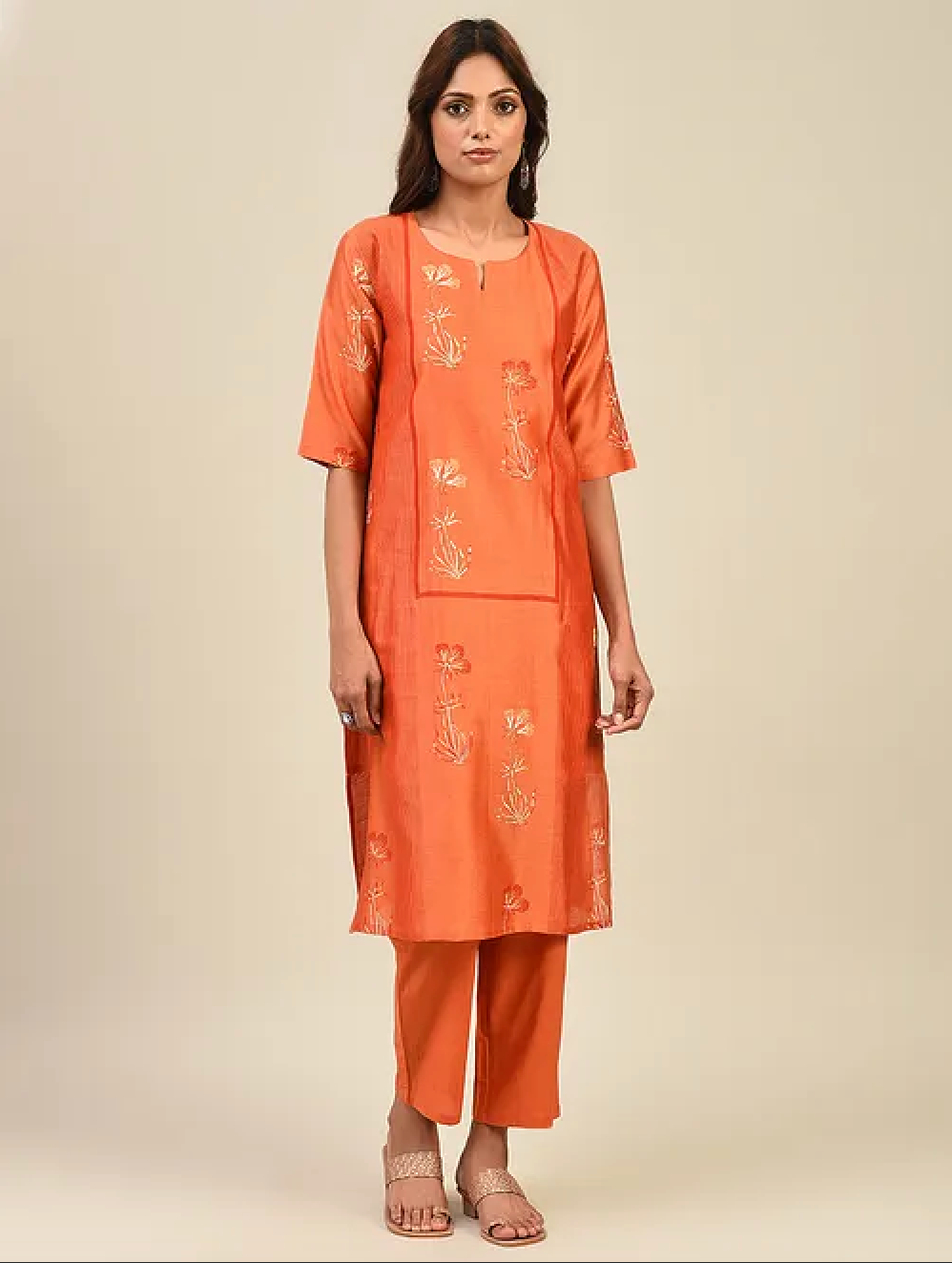 Orange Hand Block Printed Chanderi Kurta with Slip and Pants(Set of 3)