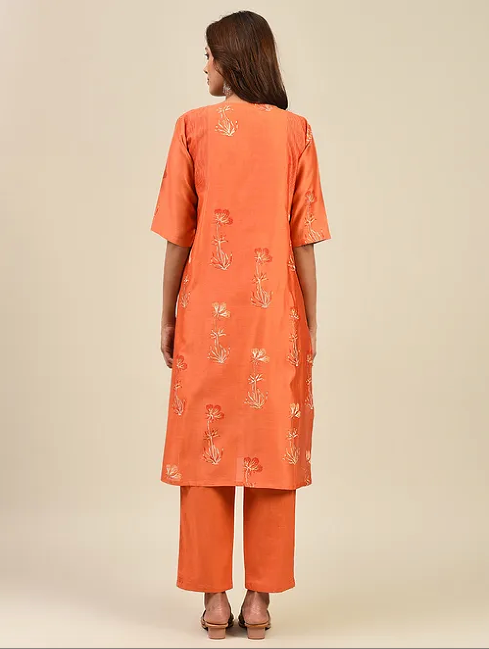 Orange Hand Block Printed Chanderi Kurta with Slip and Pants(Set of 3)