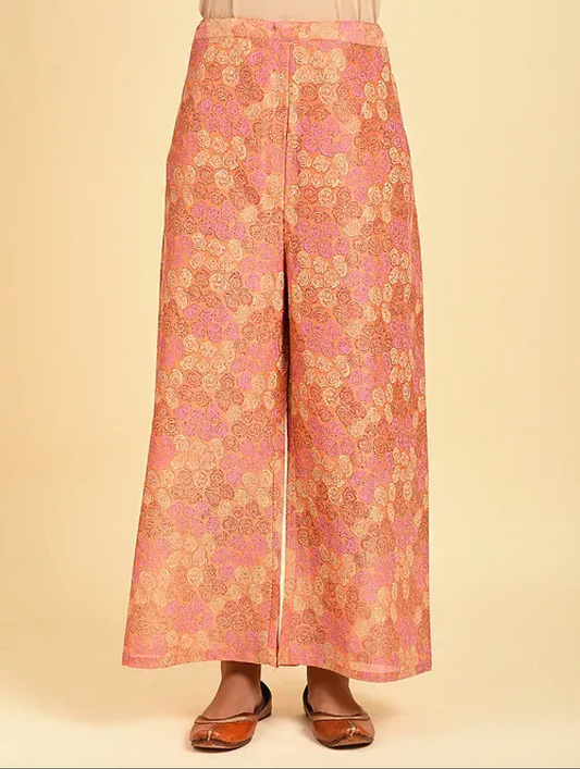 Rust Pink Hand Block Printed Chanderi Palazzo with Cotton Lining