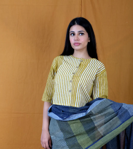 Yellow Stripes Block Printed Cotton Blouse