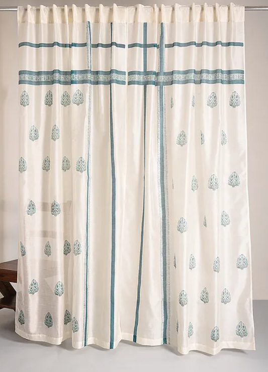 Gated Paisely Turquoise Green  Chanderi Curtains (Set of 2)