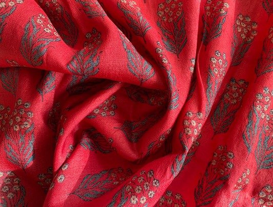 Red 100 % Pure Tussar Handblock Printed Fabric