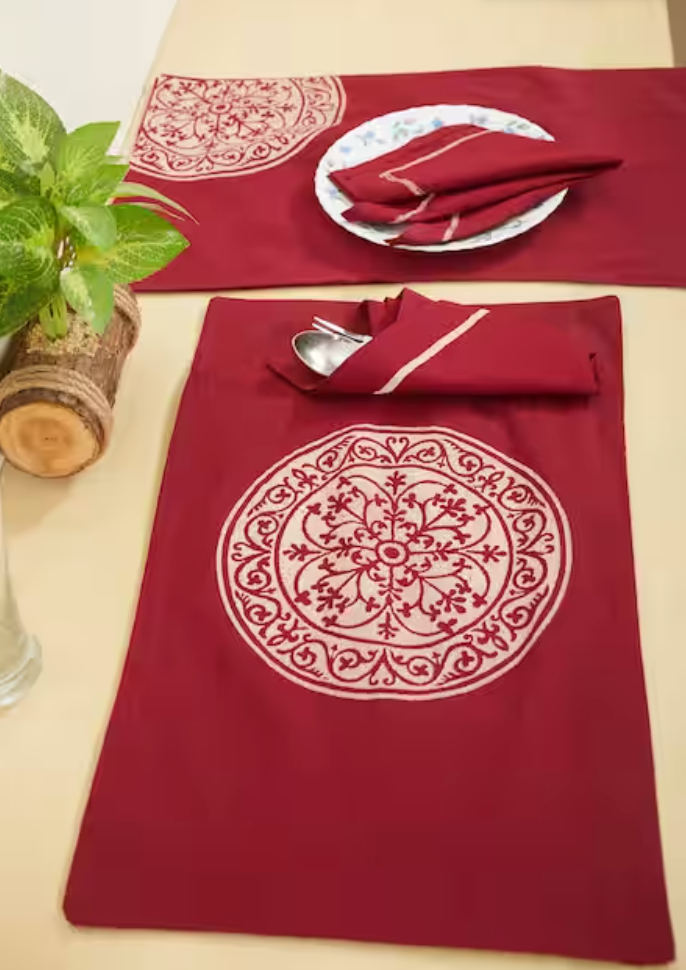 Rangoli Side Maroon Dyed Table Mat Sets with Napkins