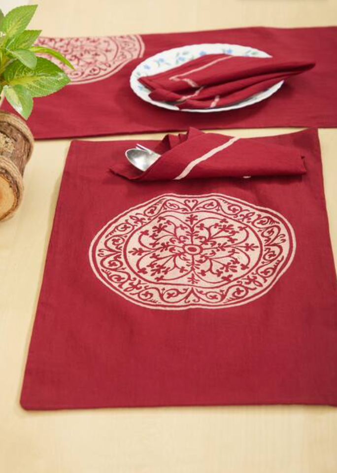 Rangoli Side Maroon Dyed Table Mat Sets with Napkins