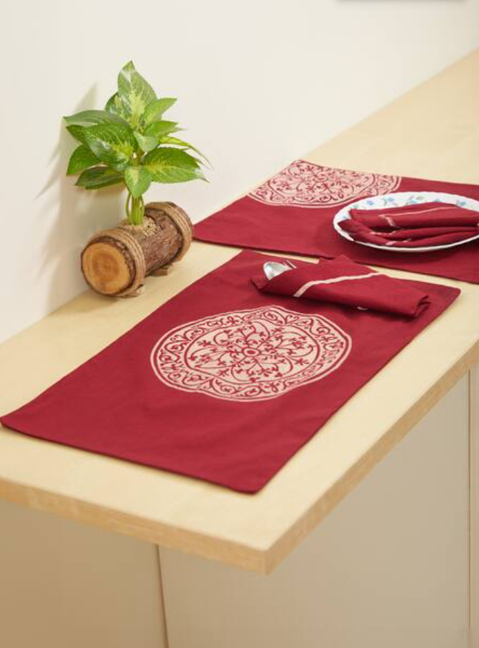 Rangoli Side Maroon Dyed Table Mat Sets with Napkins