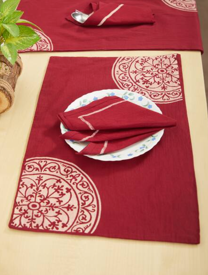 Rangoli Half Maroon Dyed Table Mat Sets with Napkins