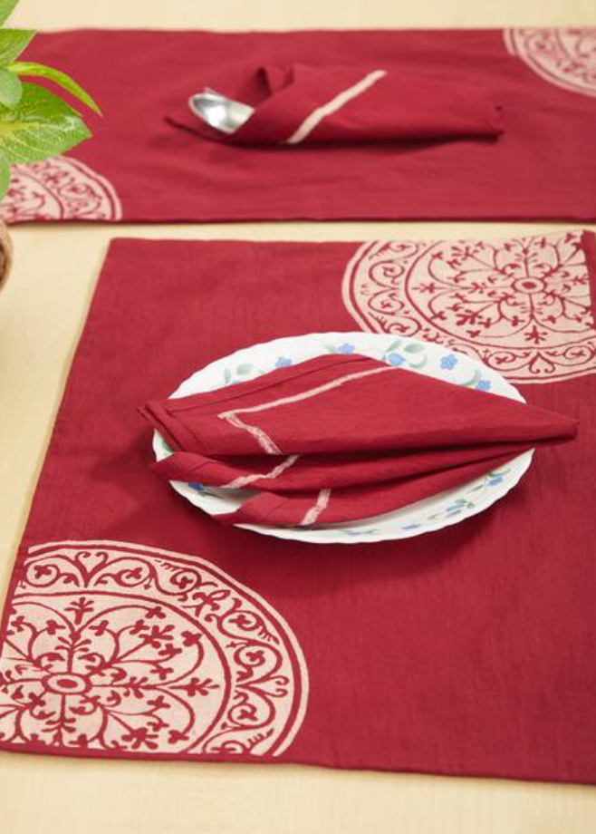 Rangoli Half Maroon Dyed Table Mat Sets with Napkins