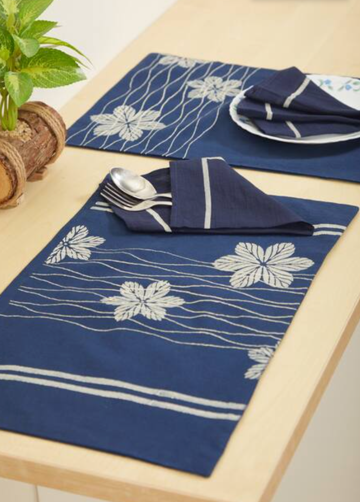 Rangoli Blossom Wave Navy Table Mat Sets with Napkins